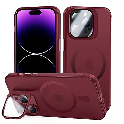 Tigratigro Case with Kickstand, Compatible Mag-Safe with iPhone 14 Pro Max, Tempered Glass H9 Camera Protection, Frosted Translucent Back Cover, Anti-Fingerprint, Velvet Touch(Dark red) von tigratigro