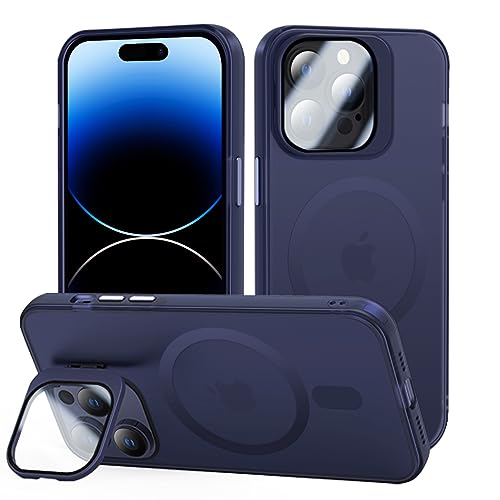 Tigratigro Case with Kickstand, Compatible Mag-Safe with iPhone 14 Pro Max, Tempered Glass H9 Camera Protection, Frosted Translucent Back Cover, Anti-Fingerprint, Velvet Touch(Navy Blue) von tigratigro