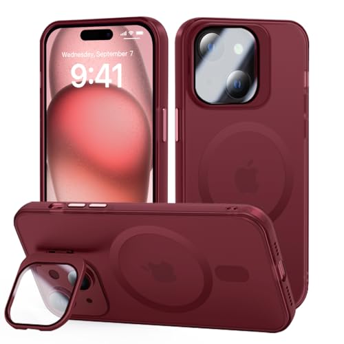 Tigratigro Case with Kickstand, Compatible Mag-Safe with iPhone 15, H9 Tempered Glass Camera Protection, Frosted Translucent Back Cover, Anti-Fingerprint, Velvet Touch(Dunkelrot) von tigratigro