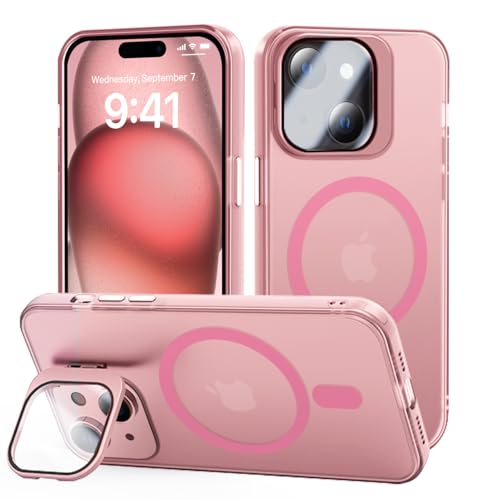 Tigratigro Case with Kickstand, Compatible Mag-Safe with iPhone 15, H9 Tempered Glass Camera Protection, Frosted Translucent Back Cover, Anti-Fingerprint, Velvet Touch(Sakura Pink) von tigratigro