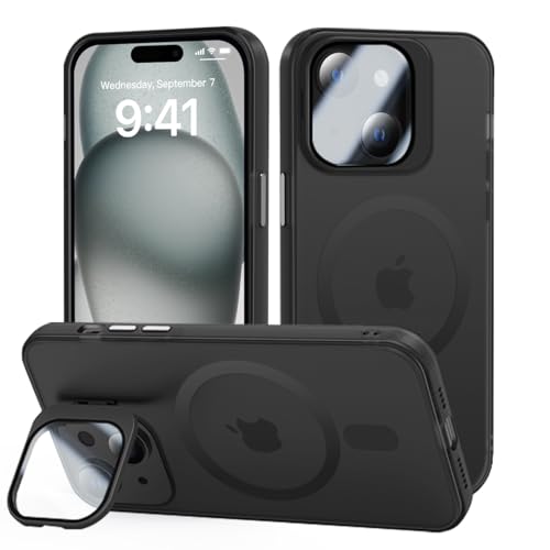 Tigratigro Case with Kickstand, Compatible Mag-Safe with iPhone 15 Plus, H9 Tempered Glass Camera Protection, Frosted Translucent Back Cover, Anti-Fingerprint, Velvet Touch(Graphit schwarz) von tigratigro