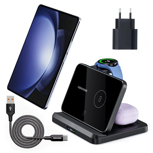 tigratigro Faltbar Kabelloses Ladegerät 3 in 1 für Samsung/Apple, kabellose Ladestation für Samsung Galaxy S23 S22 S21 Note 20/10/9 Z Flip/Fold, Watch Galaxy Buds (Schwarz) von tigratigro