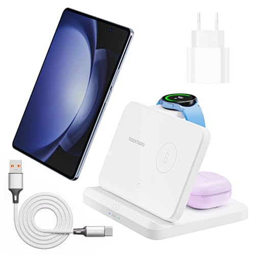 tigratigro Faltbar Kabelloses Ladegerät 3 in 1 für Samsung/Apple, kabellose Ladestation für Samsung Galaxy S23 S22 S21 Note 20/10/9 Z Flip/Fold, Watch Galaxy Buds (Weiß) von tigratigro