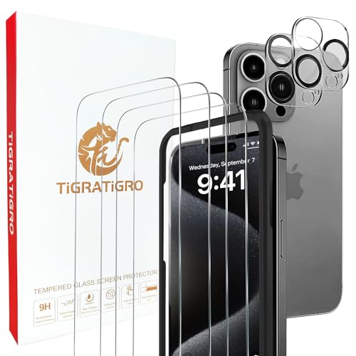 tigratigro Panzerglas für iPhone 15 Pro, 6,1 Zoll, Displayschutzfolie aus gehärtetem Glas HD 9H Härte, 0,33 mm Supertransparent [4 Stück+2 Stück mit einfach zu installierenden Werkzeugen] von tigratigro