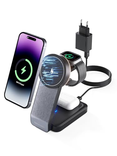 tigratigro 3 in 1 Faltbar Kabellose Ladestation, Magnetische Ladestation Kompatibel mit iPhone 15 14 13 12, Travel Wireless Charger für Apple Watch 9/Ultra 2/8/7/6/SE/5/4, AirPods (Schwarz) von tigratigro