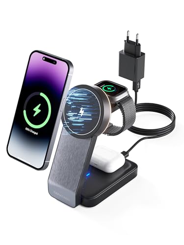 tigratigro Wireless Charger für Magsafe Ladegerät Faltbar,iPhone Ladestation Kompatibel mit Magsafe Ladestation iPhone 12/13/14/15 Serie, Apple Watch 8/7/6/5/4/3/2/SE und AirPods 3/2/Pro(Schwarz) von tigratigro