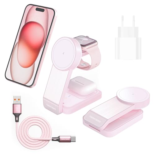 tigratigro Wireless Charger für Magsafe Ladegerät Faltbar,iPhone Ladestation Kompatibel mit Magsafe Ladestation iPhone 12/13/14/15 Serie, Apple Watch 8/7/6/5/4/3/2/SE und AirPods 3/2/Pro (Rosa) von tigratigro