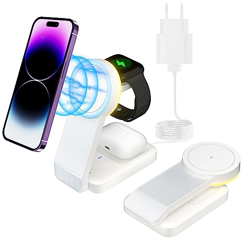 tigratigro Wireless Charger für Magsafe Ladegerät Faltbar,iPhone Ladestation Kompatibel mit Magsafe Ladestation iPhone 12/13/14/15 Serie, Apple Watch 8/7/6/5/4/3/2/SE und AirPods 3/2/Pro (Weiß) von tigratigro