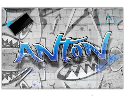 Gamer Schreibtischunterlage personalisiert mit Namen | wasserfeste Schreibunterlage, abwischbar, hochwertiges Acrylglas, gaming Motiv Teenager Kunststoff | 60x40cm Graffiti blau von timalo