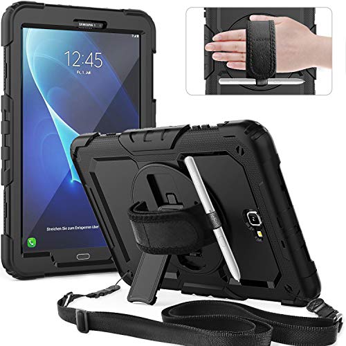 SXTech Schutzhülle für Galaxy Tab A 10.1, mit Handschlaufe, Schulterstreifen zum Aufhängen im Autositz. Integrierte Displayschutzfolie für Samsung 2018 SM-T580 T585 T587 Tablet schwarz/schwarz von timecity