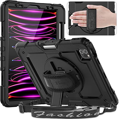 Timecity Case for iPad Pro 11 inch 2022/2021 (4th/ 3rd Generation), Shockproof Case with Screen Protector, Swivel Stand, Handle, Shoulder Strap, Pencil Holder Case for iPad Pro 11 Inch-Schwarz von timecity