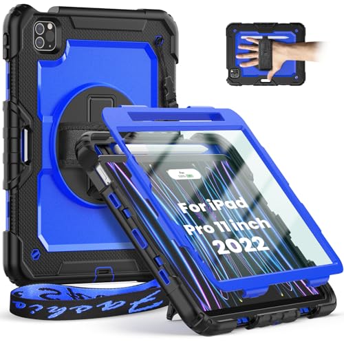 Timecity Case for iPad Pro 11 inch 2022/2021 (4th/ 3rd Generation), Shockproof Case with Screen Protector, Swivel Stand, Handle, Shoulder Strap, Pencil Holder Case for iPad Pro 12 Inch-Dunkelblau von timecity
