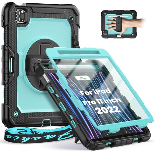 Timecity Case for iPad Pro 11 inch 2022/2021 (4th/ 3rd Generation), Shockproof Case with Screen Protector, Swivel Stand, Handle, Shoulder Strap, Pencil Holder Case for iPad Pro 13 Inch-Hellblau von timecity