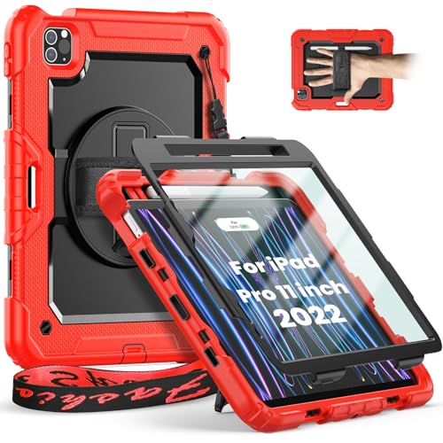 Timecity Case for iPad Pro 11 inch 2022/2021 (4th/ 3rd Generation), Shockproof Case with Screen Protector, Swivel Stand, Handle, Shoulder Strap, Pencil Holder Case for iPad Pro 14 Inch-Rod von timecity