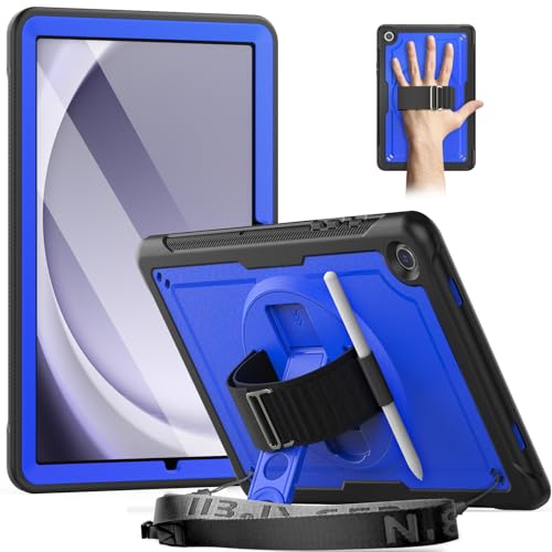 Timecity Hülle Für Samsung Galaxy Tab A9 Plus 11 Zoll 2023,Stoßfeste Robust Galaxy Tab A9 Plus Hülle Mit Displayschutzfolie, 360°Drehbarem Ständer, Handschlaufe,Schultergurt, Stifthalter-Blau von timecity