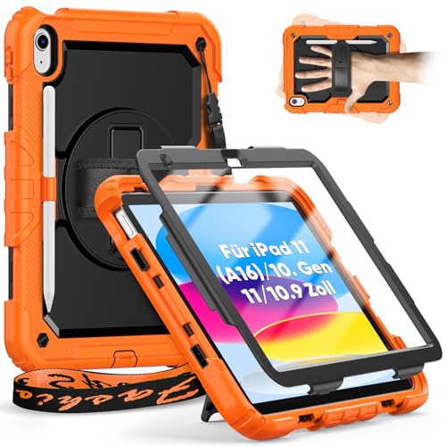 Timecity Hülle für iPad 11(A16) 2025 11Zoll/iPad 10 Generation Hülle 10.9 Zoll 2022, Stoßfeste Schutzhülle mit Displayschutz Handschlaufe Schultergurt 360°-Drehbarer-Ständer Stifthalter Outdoor-Orange von timecity
