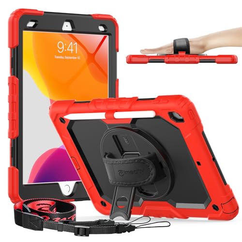 Timecity Hülle für iPad 9 8 7 (10,2 Zoll, 9. 8. 7. Generation), Schutzhülle Stoßfeste mit Displayschutz Stifthalter 360°-Ständer Handschlaufe-Rot von timecity