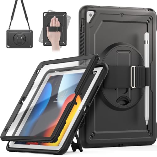 Timecity Hülle für iPad 9 Generation 10,2 Zoll, Stoßfest Robust iPad 9. 8. 7.Generation mit Displayschutz,360°-Drehbarer-Ständer Handschlaufe,Stifthalter,für iPad Air 3. Generation 10,5"-Schwarz von timecity