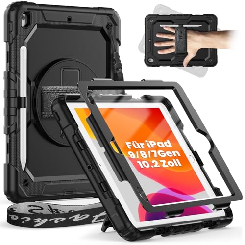 Timecity Schutzhülle für iPad 9. Generation 2021 10,2 Zoll, 9./8./7. Generation, stoßfest, robust mit Displayschutz, Stifthalter, 360 ° drehbar, Handschlaufe, Schultergurt, Schwarz von timecity