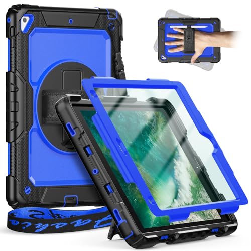 Timecity Hülle für iPad Air 2, iPad 6./5. Gen 2018/2017 (iPad 9.7" Zoll), Pro 9,7 Stoßfest Schutzhülle mit Displayschutz 360°-drehbare-Ständer Stifthalter Handschlaufe Schulterrgurt - Dunkelblau von timecity