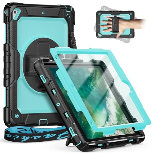 Timecity Hülle für iPad Air 2 iPad 6. / 5. Generation iPad Pro 9,7" 2018/2017 Stoßfeste Schutzhülle mit Displayschutz 360°-drehbare-Ständer Stifthalter Handschlaufe Schulterrgurt - Hellblau von timecity