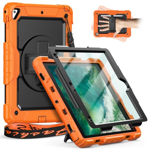 Timecity Hülle für iPad Air 2 iPad 6. / 5. Generation iPad Pro 9,7" 2018/2017 Stoßfeste Schutzhülle mit Displayschutz 360°-drehbare-Ständer Stifthalter Handschlaufe Schulterrgurt Outdoor - Orange von timecity