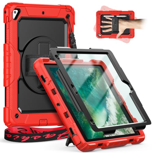Timecity Hülle für iPad Air 2 iPad 6. / 5. Generation iPad Pro 9,7" 2018/2017 Stoßfeste Schutzhülle mit Displayschutz 360°-drehbare-Ständer Stifthalter Handschlaufe Schulterrgurt Outdoor - Rot von timecity