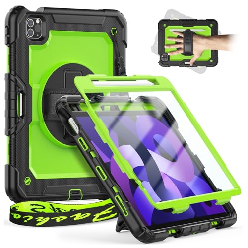 Timecity Hülle für iPad Air 5. / 4. Generation 2022/2020 10,9" Stoßfeste Displayschutz Schutzhülle mit Drehbare Ständer -Stifthalter -Verstellbarer Handschlaufe - Schultergurt - Outdoor - Gelbgrün von timecity