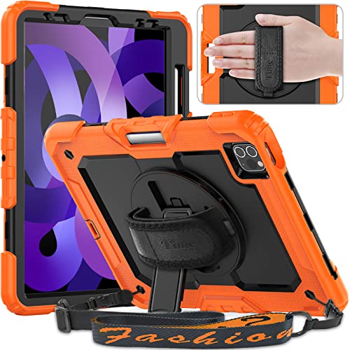 Timecity Hülle für iPad Air 5. / 4. Generation 2022/2020 10,9" Stoßfeste Displayschutz Schutzhülle mit Drehbarer Ständer -Stifthalter -Verstellbarer Handschlaufe - Schultergurt - Orange von timecity