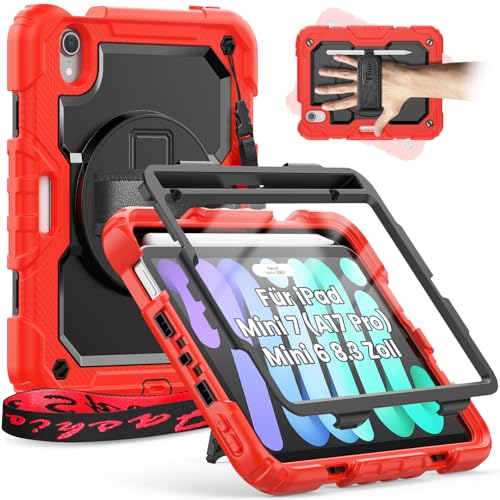 Timecity Hülle für iPad Mini 7 (A17 Pro) 2024/Mini 6 2021 8,3 Zoll Stoßfest Robust Schutzhülle mit Displatschutz Stifthalter Handschlaufe Schultergurt 360-Grad-Drehbarer-Ständer- iPad Mini 7- Rot von timecity