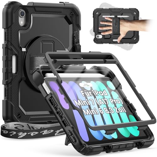 Timecity Hülle für iPad Mini 7 (A17 Pro) 2024/Mini 6 2021 8,3 Zoll Stoßfest Robust Schutzhülle mit Displatschutz Stifthalter Handschlaufe Schultergurt 360-Grad-Drehbarer-Ständer- iPad Mini 7-Schwarz von timecity