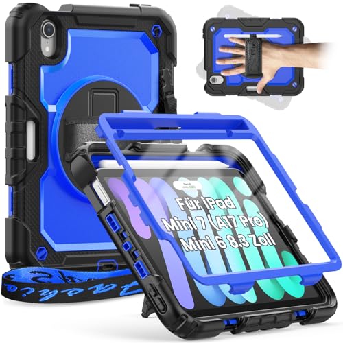 Timecity Hülle für iPad Mini 7 (A17 Pro) 2024/Mini 6 2021 8,3 Zoll Stoßfest Robust Schutzhülle mit Displatschutz Stifthalter Handschlaufe Schultergurt 360-Grad-Drehbarer-Ständer-Dunkelblau von timecity