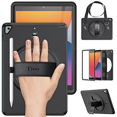 Timecity Schutzhülle für iPad 8. / 7. Generation, iPad 10.2, mit Stifthalter, Displayschutzfolie und drehbarem Griff/Schultergurt, Ständer, kompatibel mit iPad Air 3 / iPad Pro 26,7 cm, Schwarz von timecity