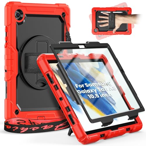 timecity hülle für Samsung Galaxy Tab A8 10.5 Zoll 2022 (SM-X200/SM-X205/SM-X207) - Stoßfeste Schutzhülle mit Displayschutzfolie 360 Drehbarem Handschlaufe Ständer Schultergurt Stifthalter, Rot. von timecity