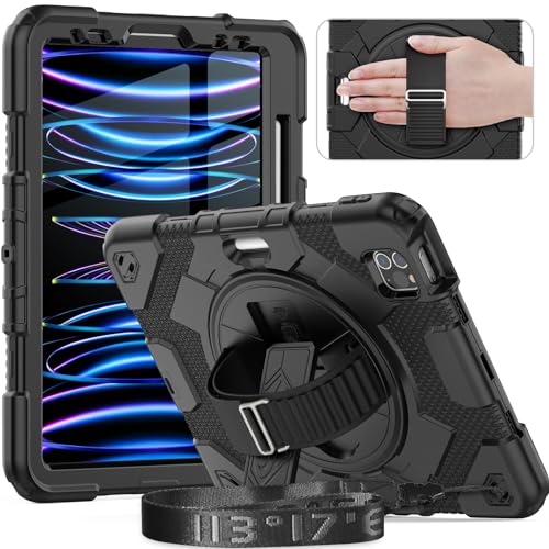 timecity Case for iPad Air 5th/4th Generation, iPad Pro 11 Inch Case,Heavy Duty Shockproof Case with Screen Protector, 360 Rotating Stand/Hand Strap/Pencil Holder for iPad Air5 10.9", Black von timecity