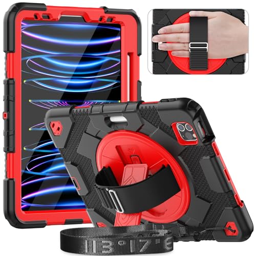 timecity Case for iPad Air 5th/4th Generation, iPad Pro 11 Inch Case,Heavy Duty Shockproof Case with Screen Protector, 360 Rotating Stand/Hand Strap/Pencil Holder for iPad Air5 10.9", Red von timecity