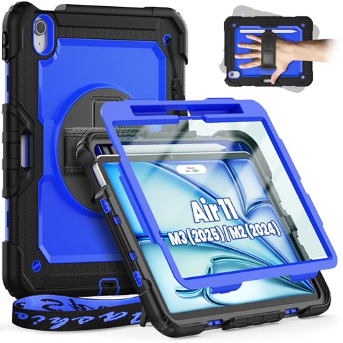 timecity Hülle Für iPad Air 11 Zoll M3 7.Generation 2025/M2 6. Generation 2024,Eingebauter Bildschirmschutz, 360° Drehbarem Ständer, verstellbarem Schultergurt,Magnetischer Ladestifthalterung-Blau von timecity