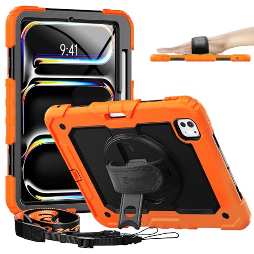 timecity Für iPad Pro 11-Zoll M4 2024 5. Generation Tasche mit Integriertem Bildschirmschutz, 360° Drehbarem Ständer, Verstellbarem Schultergurt, Magnetischer Ladestifthalterung-Orange von timecity