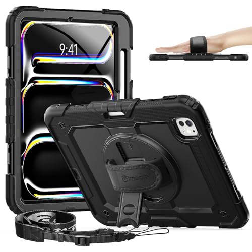 timecity Für iPad Pro 11-Zoll M4 2024 5. Generation Tasche mit Integriertem Bildschirmschutz, 360° Drehbarem Ständer, Verstellbarem Schultergurt, Magnetischer Ladestifthalterung-Schwarz von timecity