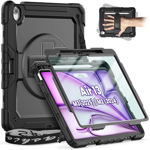 timecity Hülle Für iPad Air 13-Zoll M3/M2 (2025/2024) Tasche Mit Integriertem Bildschirmschutz, 360° Drehbarem Ständer, verstellbarem Schultergurt,Magnetischer Ladestifthalterung-Schwarz von timecity