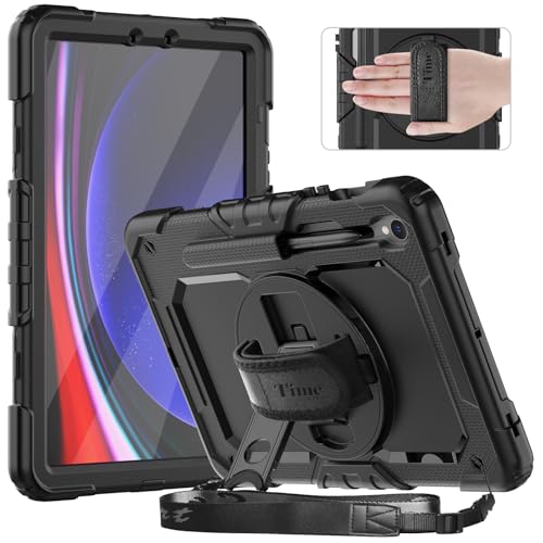 timecity Hülle für Samsung Galaxy Tab S9 FE 10,9 Zoll /S9 11 Zoll 2023,Robust Hülle mit Displayschutz,360° Drehbarem Ständer, Handschlaufe, Schultergurt,Stifthalter für Galaxy Tab S9 FE,Schwarz von timecity