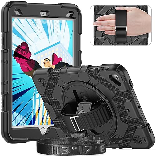 timecity Hülle für iPad 9./8./7. Generation 10,2 Zoll 2021, Stoßfest Robust mit Displayschutz Stifthalter 360°-drehbarer-Ständer Handschlaufe Schultergurt Tablet Hülle ipad 9.Generation-Schwarz von timecity