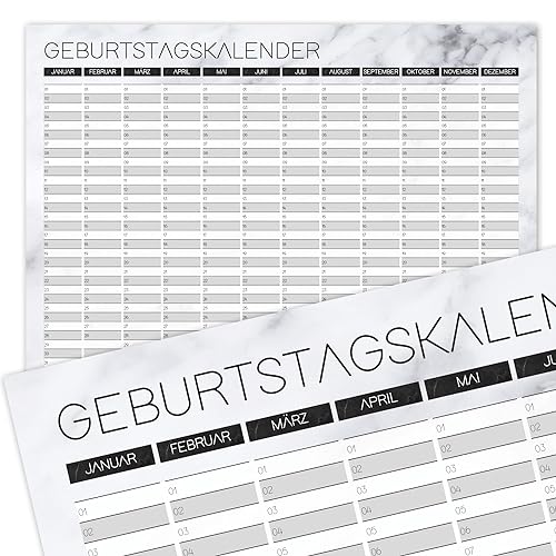 Geburtstagskalender mit Marmor-Optik I DIN A3 I jahresunabhängig I Dauerkalender neutral, modern, elegant I weiß grau schwarz I dv492 von timr
