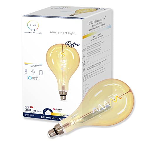 tint Smarte LED-Birne Retro Gold XXL E27 – Steuerbar per Alexa oder Fernbedienung – Dimmbare E27 Glühbirne mit weißem Licht (1800-6500 K), 4,9 W von tint