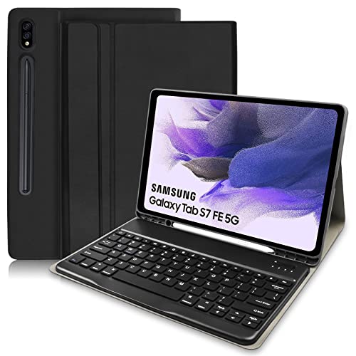 Samsung Tab S7 FE Tablet-Hülle mit Tastatur, Tastaturhülle für Samsung Tab S7 FE 2021/S7+/S7 Plus 2020/S8 Plus (12,4 Zoll) mit S-Stifthalter, abnehmbare kabellose Tastatur für Galaxy Tab S7 FE, Schwarz von tititinita