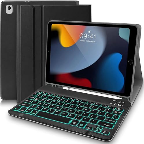 iPad Hülle Tastatur 10,2 Zoll, iPad 9. Generation Tastaturhülle mit Stifthalter, 7 Farben Hintergrundbeleuchtung, kabellose Tastatur (UK-Layout) für iPad 9. Generation/8. Generation/7./Air 3, iPad Pro von tititinita