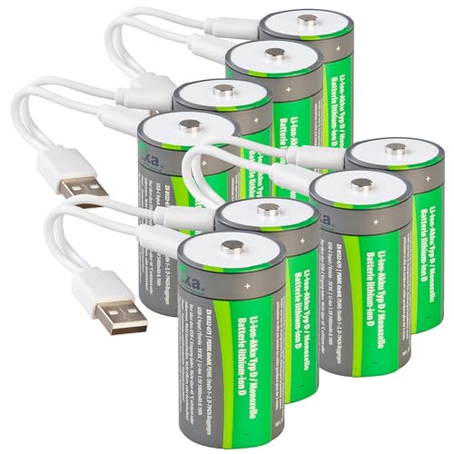 tka Köbele Akkutechnik LR20-Akkus: 8er-Set Li-Ion-Akkus Typ D mit USB-C, 5.400 mAh, 8.100 mWh, 1,5 V (Lithium-Ionen Typ D, Accus, Taschenlampe) von tka Köbele Akkutechnik