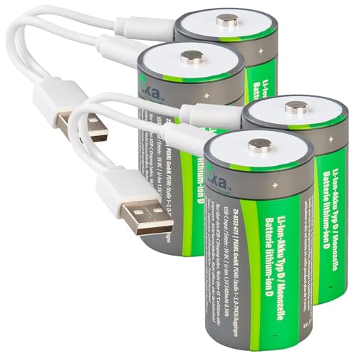 tka Köbele Akkutechnik USB-Akku Typ D: 4er-Set Li-Ion-Akkus Typ D mit USB-C, 5.400 mAh, 8.100 mWh, 1,5 V (Accu, USB-Batterien, Taschenlampe) von tka Köbele Akkutechnik