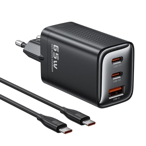 toocki USB C Ladegerät 65W 3Ports GaN PD Schnellladegerät mit Ladekabel,USB C Netzteil für MacBook Pro/Air, Steam Deck, iPhone 16-12 Serie, Galaxy S24 Ultra-S20,Tablet,Laptop,Handys usw von toocki