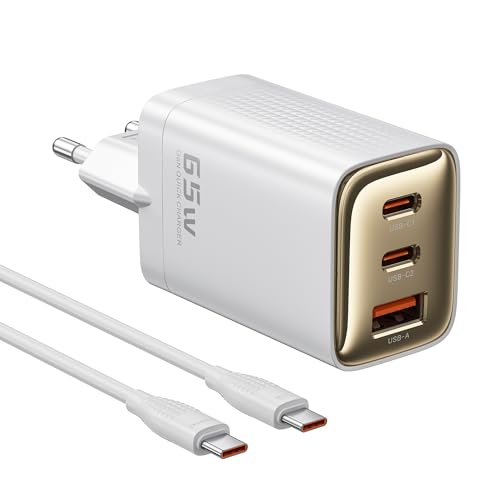 toocki USB C Ladegerät 65W 3Ports GaN PD Schnellladegerät mit Ladekabel,USB C Netzteil für MacBook Pro/Air, Steam Deck, iPhone 16-12 Serie, Galaxy S24 Ultra-S20,Tablet,Laptop,Handys usw von toocki
